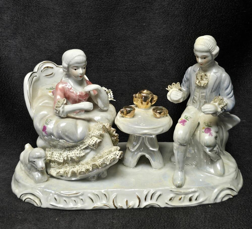 Porcelain Victorian Colonial Courting Couple Dog Woman & Man Figurine Tea Party